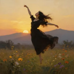 oil painting portrait of a young woman with long dark flowing hair in a black dress, dancing levitating floating over a field of flowers at sunset with mountains in the background, hazy, digital art, chiaroscuro, artstation, cinematic, golden hour, digital art painting by greg rutkowski, bouguereau, 7 0 s japanese book art, hazy atmosphere, flowers, cinematic lighting