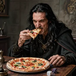 a grumpy old danish man with long black hair eating pizza while DMing an AD&D game, D&D, rogue, dark hair, skinny, middle aged, dice, dungeons & dragons, cape