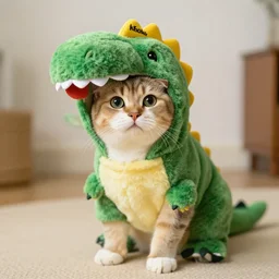 a cat wearing a cute t - rex dinosaur costume, kodak 5 0 mm, 4 k