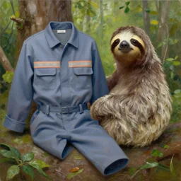a work uniform sitting next to a sloth in a forest, oil painting