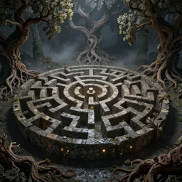 dense labyrinth maze of root gnarled stone and oak, mist, night, volumetric lighting, 8 k octane beautifully detailed render, post - processing, extremely hyper - detailed, intricate, epic composition, cinematic lighting, intricate, trending on artstation, stunning art by caravaggio, wonderful masterpiece by frazetta