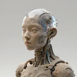 a cyberpunk charector made of clay and transparent head with mechanical rings