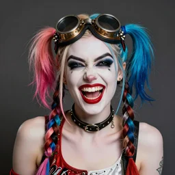 double long braids blue, brown steampunk metall welding goggles cat - eye, no makeup, tane skin, insane crazy laugh, harley quinn, portrait by katie de sousa katiedesousa, deviantart, manic pixie dream girl