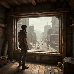 dry arid delicious view from standing inside the interior dingy wooden fort tower room window looking out at the bustling cyberpunk city streets below atmospheric unreal engine hyperreallistic render 8 k concept art masterpiece screenshot from the video game half life 2 source engine global illumination