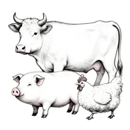 antichrist, cow, pig, sheep, chicken, white on black vector ink drawing