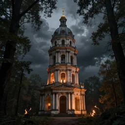 a neoclassical tower with dome on a magical gloomy mystical forest. by konstantin razumov, fractal flame, chiaroscuro, highly detailded