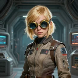 science fiction, awkward lonely brilliant female blond teenage tomboy girl with short hair, in a starship reactor room, flight suit, wearing victorian brass goggles, alien 1 9 7 9, used future, artstation, victo ngai, ilya kuvshinov, ron cobb, digital illustration