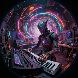 a fisheye lens photo of a post apocalyptic tribal neon cyborg dj tweaking and playing synthesizers in the most complicated and technical spiral fractal musical studio, powerful, cinematic, beautifully lit, by donato giancola, by artgerm, by karol bak, 3 d, perfect face and body, trending on artstation, octane render, 8 k