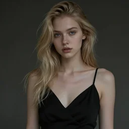 ultra detail, beautiful young woman, blonde hair, black dress, moody, muted colors, artstation,