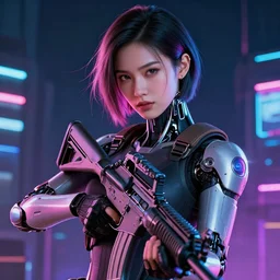 beautiful illustration of a cyborg mercenary girl holding a rifle, art by wlop, artgerm, liam wong, upper body, cyberpunk, neon, elegant, highly detailed, trending on artstation, sharp focus, caustics, octane render, radiant light, 4 k