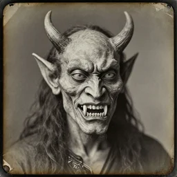 portrait of demon with tusk, old vintage photography, daguerreotype, damaged photo, film artifacts, scratches, tears, hyperrealistic, ultra detailed, 4 k