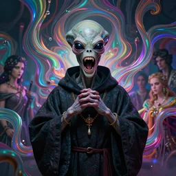 masterpiece portrait of an screaming alien priest, surrounded by chromatic liquid swirls, psychedelic, dramatic lighting, h. r. giger, greg rutkowski, alphonse mucha, artgerm, donato giancola, tom bagshaw, trending on cgsociety, octane render, 8 k