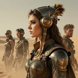 sideview face portrait of a steampunk desert empress. by vincent di fate, james jean, dom qwek. inspired by igor goryunov andrei riabovitchev. art by paul lewin. madmax aesthetics. atmospherical, photorealistic retrofuturist concept art, trending on art station, cinematic, ultra detailed