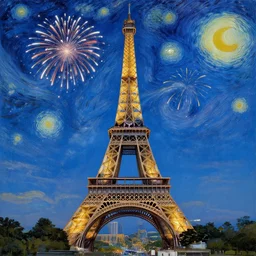 Eiffel Tower with fireworks in the sky painting in the style of Starry Night