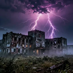 Ruins of hospital, dark and misty, lightning storm, vibrant colors, by Stephen King, misty, moody, sinister, cinematic lighting, cinematic color grading, 8k render, hyperrealistic, ultra HD, Unreal Engine 5 render