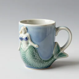 a ceramic realistic mermaid sculpture mug, creative, beautiful, award winning design, functional, colorful