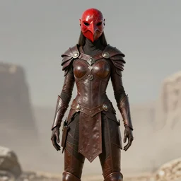 female adventurer in tight full - body daedric leather armor of dunmer design with a red porcelain crow mask, trending in artstation, establishing shot