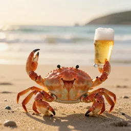 a happy crab holding a beer in a beach, golden hour, bokeh, 4k