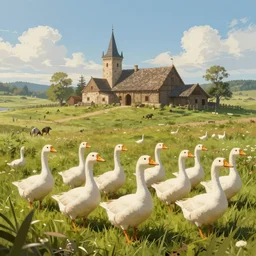 a flock of geese in a beautiful grass landscape with an old middleages farm in the background, artstation, cgsociety, 8 k, cinematic, unreal engine, octane render, illustration digital painting, digital painting, artstation, concept art, sharp focus, art by wlop and greg rutkowski, rule of thirds, golden ratio, ambient lighting