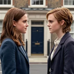 movie poster two parts : katie holmes at left,,, looking at emma watson at right, london baker street 2 2 1 b at background, inspired bbc sherlock movie, 8 k, cinematic, ultra detailed faces, octane render