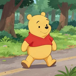 1 9 7 0 s cartoon moviei, a pooh walking on the road in the forest, winnie the pooh