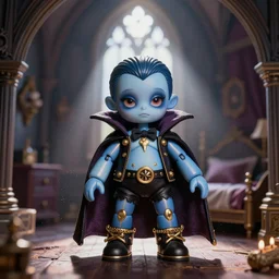 lovely realistic ball jointed high end blue gold vampire doll with fashion and cute accessories, inside gothic doll manor bedroom, god rays, dust particles, photorealistic, aesthetic shot, worms eye view, macro camera lens, high definition, thematic, cinematic, lens flare