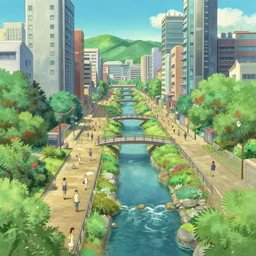 an optimistic futuristic pedestrian city with landscaped streams, idyllic crossing bridges, by studio ghibli and john berkey