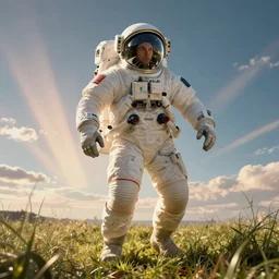 cosmonaut astronaut in outer space. man in zero gravity, space exploration, cinematic view, epic sky, detailed, concept art, low angle, high detail, warm lighting, volumetric, godrays, vivid, beautiful, trending on artstation, by jordan grimmer, huge scene, grass, art greg rutkowski