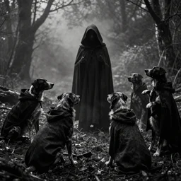 a creepy, eerie, unsettling, black and white grainy photo of bipedal dogs in cloaks performing a dark ritual