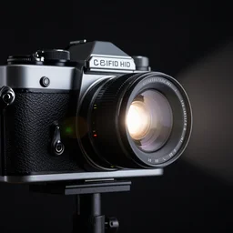 dramatic cinematic 8k photo of a leather film camera peaking through a hole of light, 65mm lens, Ultra HD, studio lighting