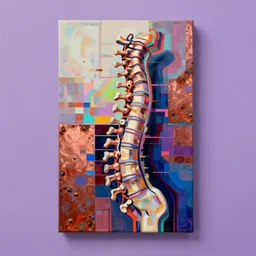 a beautiful glitched abstract geometric painting by robert proch and robert heindel of an anatomy spinal structure study of the human nervous system on top of rectangle shapes, color bleeding, pixel sorting, copper oxide and rust materials, brushstrokes by jeremy mann, cold top lighting, pastel purple background