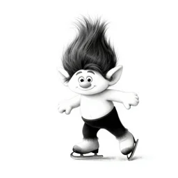 book illustration of an ice skating troll, book illustration, monochromatic, white background, black and white image