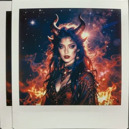 weathered old analog polaroid portrait photograph of an attractive female devil with horns, horror, monster, demon, azure and red tones, space, stars, nebula, lensflare, sunlight, glare, depth of field, bokeh, filmgrain, red color bleed, fire, flames, smoke clouds