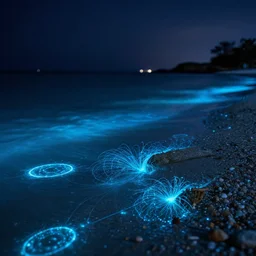 bioluminescent!!!! ocean with pristine beach by night, greg rutkowski, 8 k, shallow depth of field, intricate detail, concept art,