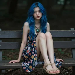 dslr photo of a pretty young woman, with blue hair, sitting on a bench wearing a flower skirt, and body and wearing hemp sandals and a very detailed faerie necklace around neck, artgerm, artstation, very high quality face, extremely high quality, moody lighting, full bodied, real camera, real photo, photography by deviantart, 8 k