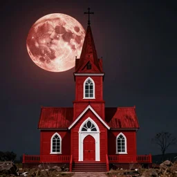 creepy red church, blood moon, desktop background, high definition