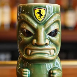 a closeup photorealistic photograph of a ferarri themed tiki mug at at a trader vic's bar featuring the face of young enzo ferrari. tiki theme. bright scene. fine detail. this 4 k hd image is trending on artstation, featured on behance, well - rendered, extra crisp, features intricate detail, epic composition and the style of unreal engine.