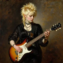 Blonde punk girl playing electric guitar, oil painting by Lawrence Alma-Tadema, masterpiece
