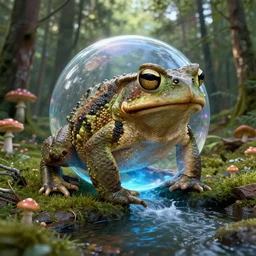 mandelbulb, octane render, river, large toad in astral projection, mushrooms, cinema 4 d, art by beeple, ultra realistic, photo realistic, unreal engine, beautiful, forest, 4 k