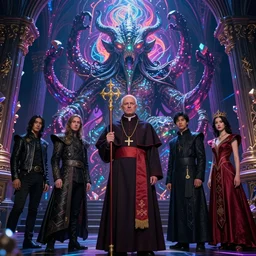 uhd hyperrealistic photorealisitc hyperdetailed detailed pope priest necromancer in front of a cthulhu, neon colors, fractal crystal, fantasy beauty portrait by tom bagshaw, tooth wu, wlop, james jean, victo ngai, beautifully lit, fantasy art by craig mullins, thomas kinkade, intricate architecture, baroque detailed, shiny colors
