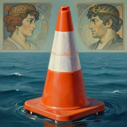 orange striped traffic cone with shark teeth, ocean background detailed atmospheric - ron cheng & alphonse mucha, highly detailed, digital painting, ray tracing, concept art, illustration, smooth sharp focus, intricate, symmetry, artstation,