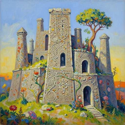 forgotten stone city on a hill that rises up from the plain. the stone is carved into intricate patterns: spirals and flowers, vines and knots. towers high above, archways, strange trees and flowers. a beautiful and vivid and colorful andreas rocha and peter mohrbacher impasto!! acrylic!! painting!! —n9