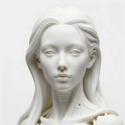full head and shoulders, beautiful bjork porcelain sculpture, smooth, delicate facial features, white eyes, white lashes, detailed white, lots of 3 d cyborg elements, prosthetic, anatomical, all white features on a white background, by daniel arsham and james jean