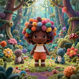 symmetry!, wide angle dynamic portrait of a chibbi black girl with a colorful afro in a futuristic jungle heaven zen garden, macrophotography, depth of field, felt texture, amigurumi by mark ryden and todd schorr and mark davis and zdislaw beksinski in a surreal lowbrow style, digital paint, matte paint, vivid synthwave colors, breathtaking landscape
