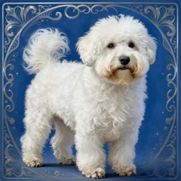 a completely white coton de tulear dog. blue with a silver filigree background. masterful, detailed drawing. vivid colors, artstation, by jeremy mann, by alphonse mucha