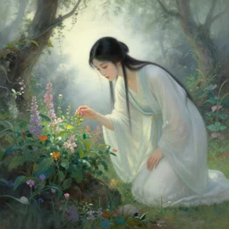 ancient garden, beautiful woman caring for the flowers, natural pose, fantasy world, ethereal back light, mist, coherent composition, detailed fantasy painting, noriyoshi ohrai, yuumei