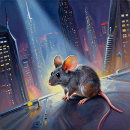 a mouse, painting by syd mead, futuristic cityscape, dynamic angle, stage lighting