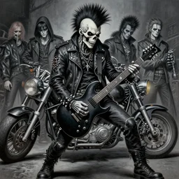 a portrait of the grim reaper as a punk rocker playing an electric guitar, punk, skeleton face, mohawk, dark, fantasy, leather jackets, spiked collars, spiked wristbands, piercings, boots, electric guitars, motorcycles, ultrafine detailed painting by frank frazetta and vito acconci and michael whelan and takeshi obata, death note style, detailed painting