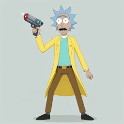 rick sanchez as real person standing in heroic pose with his portal gun, photoreal