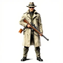 full body portrait of blonde viktor reznov from call of duty : world at war with a beige coat, a blonde goatee, short hair, beige fedora, and sunglasses, holding a wooden sniper rifle, establishing shot, by yoji shinkawa, metal gear concept art, ink, white background